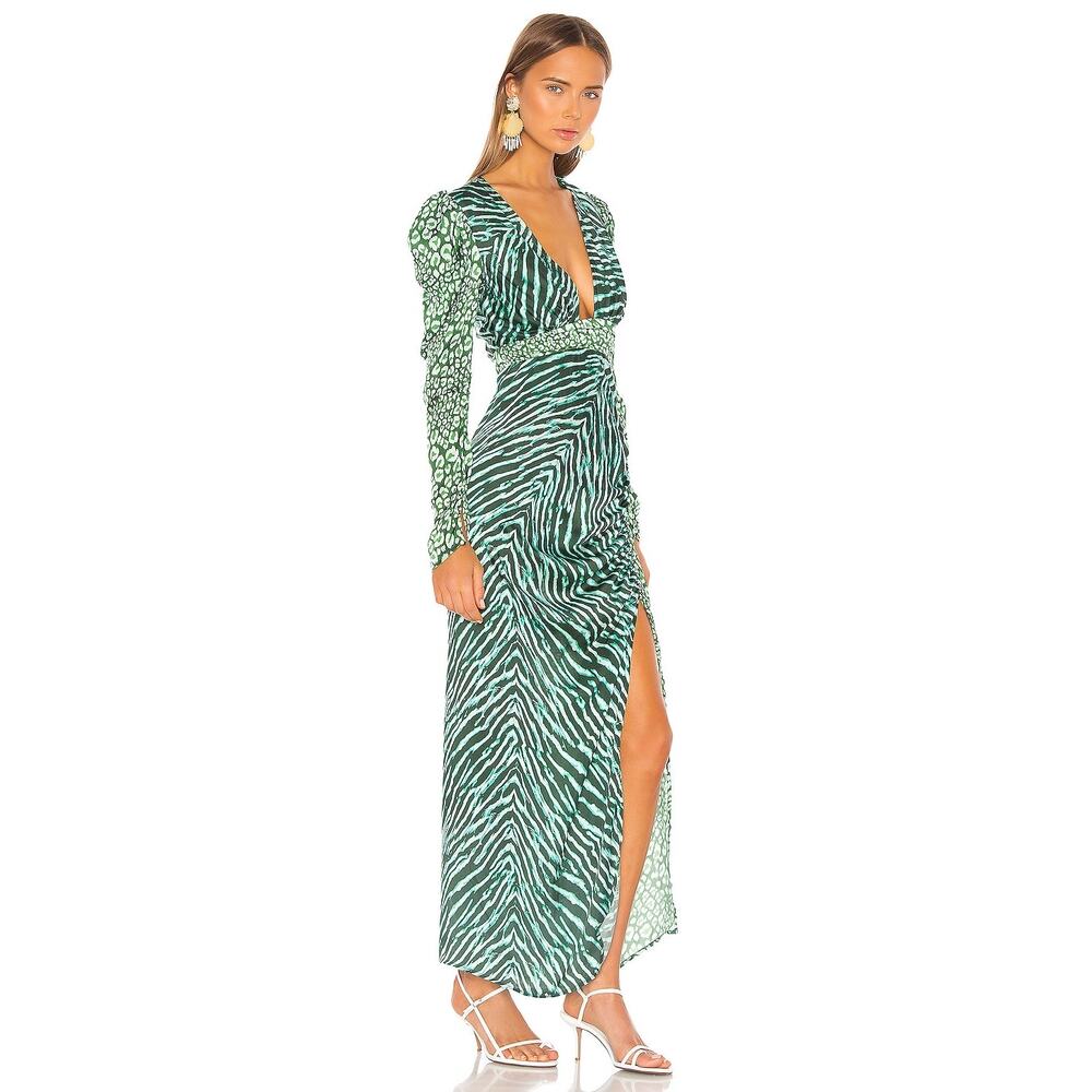 Rococo Sand Animal Print Satin Irene Gown Puff Sleeve Sheath Dress‎ Large